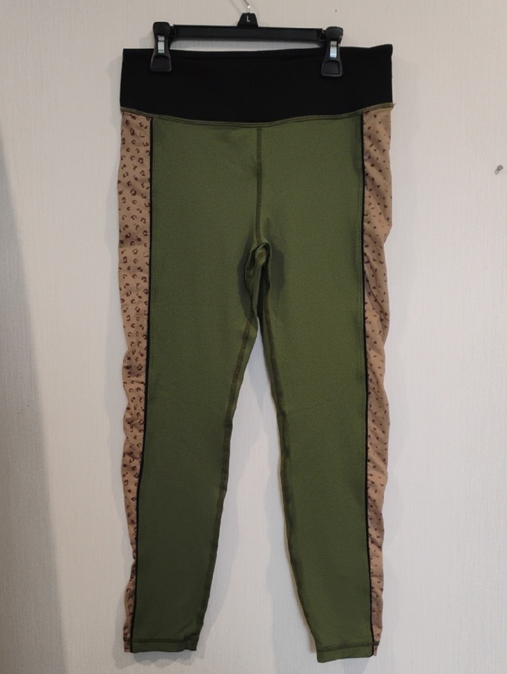Olive Green Leggings with Leopard Side Panels
